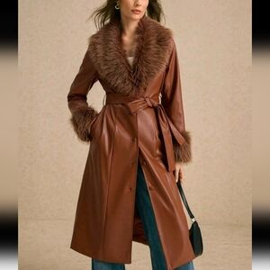 Brown Faux Fur Collar PU  Leather Long Trench Coat,Women's Winter Patch